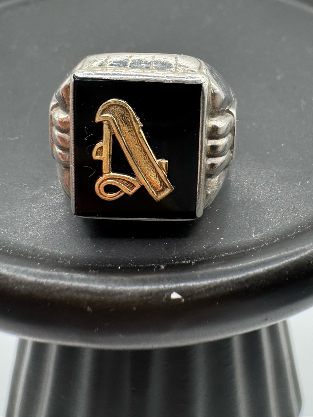 Vintage Black Onyx Square Signet Ring with Gold 10k Letter A Accent Size 8